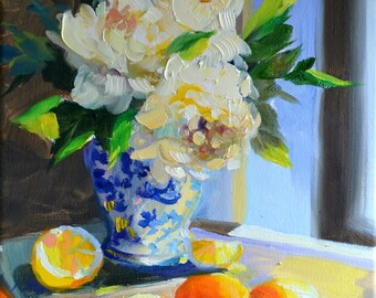 Giclee Canvas Print of ROSES AND LEMONS  Still Life Lemons and Delft Yellow and Blue Fruit Decor Kitchen Art