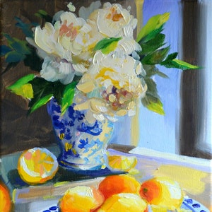 Art Print of ROSES AND LEMONS  Still Life Lemons and Delft Yellow and Blue Fruit Decor Kitchen Art