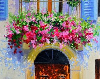 Exterior Art Print of PROVENCE BALCONY  | Beautiful French Impressionistic Oil Painting in Purple and Pink by Cecilia Rosslee