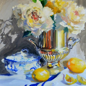 Original Art Print on Canvas for Christmas | Ready to Hang Still life Painting  SILVER URN REFLECTIONS | Yellow Roses Flowers
