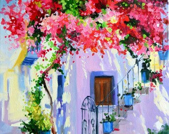 Ready to hang Canvas Art Print of SANTORINI SHADOWS | Beautiful Pink and Blue Impressionistic Oil Painting in by Cecilia Rosslee