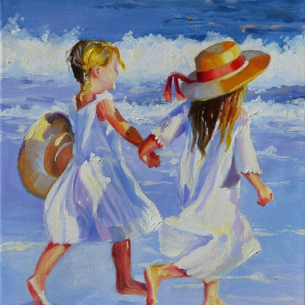 Ocean Beach Canvas Art Print | GIRLS ON the BEACH |  Impressionistic Painting in Purple and Pink by Cecilia Rosslee