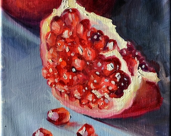 CANVAS PRINT of fruit POMEGRANATE | Classic Still life with in red and blue by Cecilia Rosslee