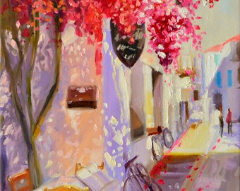 LA BICYCLETTE DIGITAL art print of original oil painting, street scene, purple and yellow, pink bougainvillea