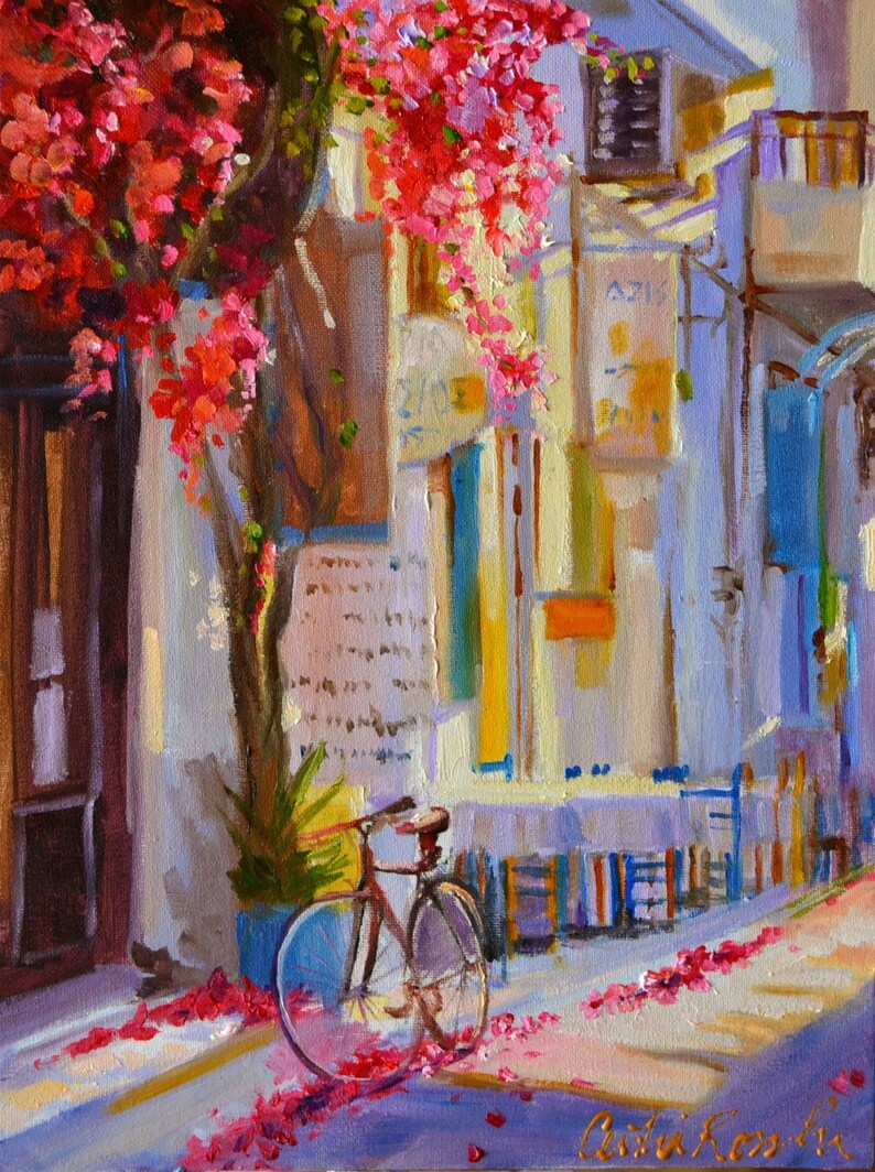 Ready to hang Canvas Art of a GREEK BISTRO | Giclee of 2024 Street Scene with Bougainvillea Pink and Purple by Cecilia Rosslee