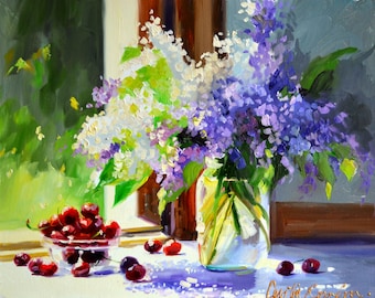 LILACS AND CHERRIES Art Print | Flower and Fruit Still Life by Cecilia Rosslee