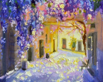 Wall Art Print of WISTERIA LANE | Outdoor Side Street Scene of Purple Flowers by Cecilia Rosslee | Romantic Home Decor
