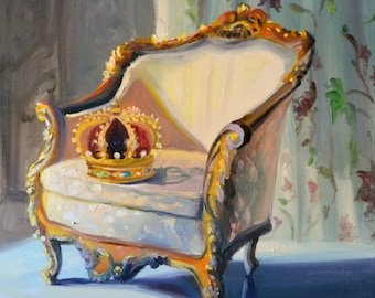 French Chair with Crown Art Print | CROWN INTERIOR Oil Painting of Room by Cecilia Rosslee | Beautiful Housewarming Gift