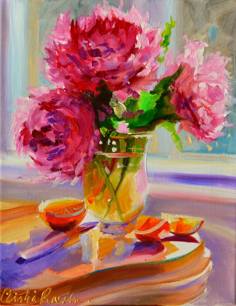 Still life art printJUST PICKED PEONIES kitchen art pink Etsy