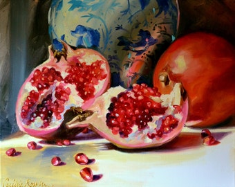 POMEGRANATES and DELFT ART Print | Red and blue porcelain Still Life by Cecilia Rosslee | Unisex Gift