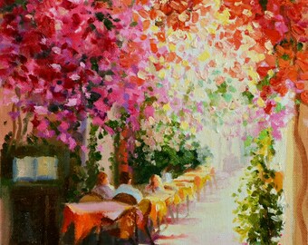 Greek Bistro Art Print: Bougainvillea Street Scene (8.5" x 11")