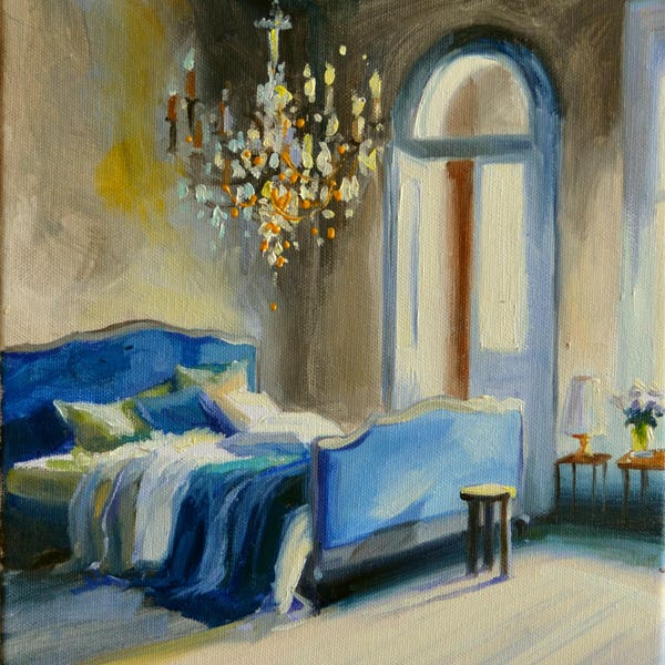 Digital Print of CHAMBRE BLEUE in blue | French Interior with chandelier painting by Cecilia Rosslee