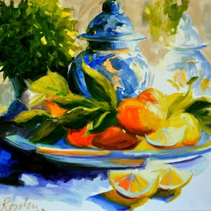 LIMONI e DELFT Stampa artistica di pittura a olio originale Blu e giallo ancora vita di Cecilia Rosslee immagine 1