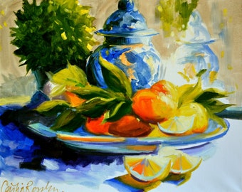 LEMONS AND DELFT Digital Download of Original Oil Painting | Blue and Yellow still life by Cecilia Rosslee