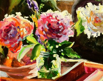 FLEURS DE JARDIN, Art Print of original oil  painting by CeciliaRosslee,roses in mason jar, coffee table, wooden tray