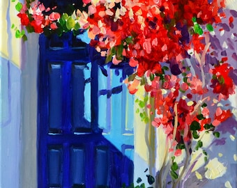 Art Print of  BLOU VOORDEUR | BLUE Front Door | Original Oil Painting of Side Walk Scene by Cecilia RossleeA