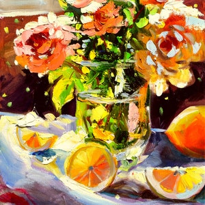 YELLOW ROSES Art Print of Original Oil Painting | Painting of fruit and flowers in Yellow and Orange by Cecilia Rosslee | gift for mom!