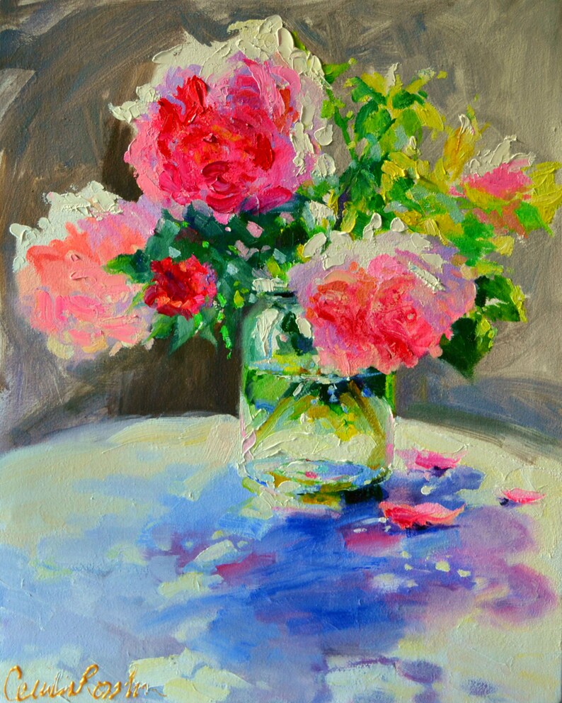 Art Print of 'N PAAR PEONIES A Few Peonies Original Still Life Painting by Cecilia Rosslee Pink Flowers in Mason Jar Gift for Mom 画像 1