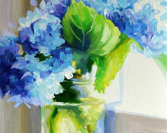 Digital ART Print of BLUE HYDRANGEA | Beautiful floral still life, Flowers in Mason Jar of Original Painting by Cecilia Rosslee