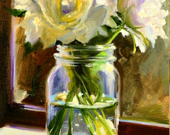 WHITE ROSES Instant Download of Flowers in Mason Jar | ART work of Original Painting by Cecilia Rosslee | Great gift for Mom!