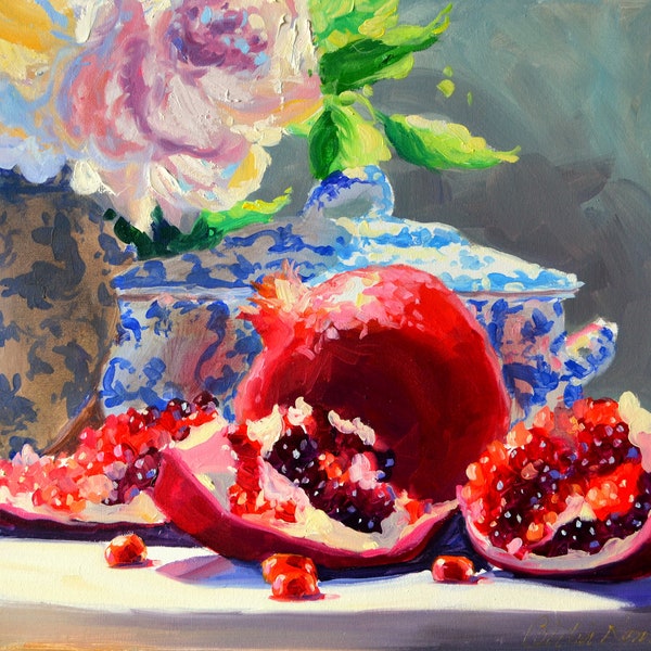 Giclee Print on Canvas  GRANAAT MET ROOS | Pomegranates, Delft and Roses painted by Cecilia Rosslee