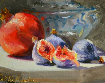 FIGS ART PRINT from Original Oil Painting by Cecilia Rosslee | Red and Blue still life perfect Christmas gift for her!