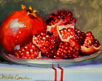 Original Art of POMEGRANATES on FRENCH LINEN Art Print | Red and White Kitchen Wall Art by Cecilia Rosslee | Perfect Christmas Gift