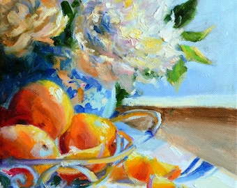 French Oranges Art Print: Delft Vase, White Roses (8.5x11)