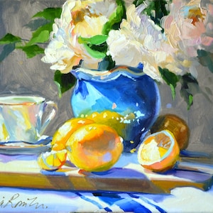 Kunstdruck von Blumen | WHITE PEONIES und LEMONS | Original Öl auf Leinwand Stillleben, weiß und gelb Kunstwerk gemalt von Cecilia Rosslee