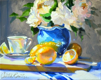 Art Print of Flowers | WHITE PEONIES and LEMONS | Original Oil on Canvas Still Life , White and Yellow Artwork painted by Cecilia Rosslee