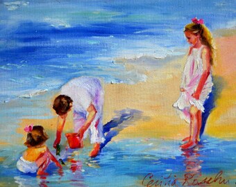Art Print Kids on the Beach P AT THE SEA | Blue and White Wall Art Print by Cecilia Rosslee | Etsy Best Sellers