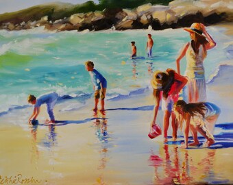KIDS ON the BEACH 16 x 20 Art Print | Summer vacation Seascape by Cecilia Rosslee in pastel colors | Holiday Gift