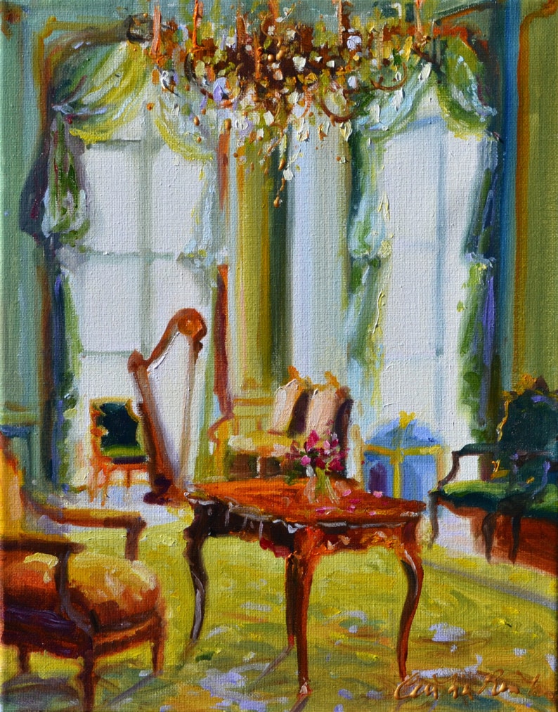INTERIOR Art Work of Room GROEN MELODIE Painting of a French interior, sunlight through window Cecilia Rosslee Artwork image 1