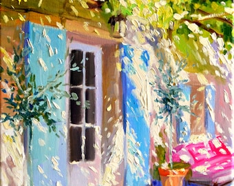 French Door Art Print: Blue Shutters, Pergola Scene