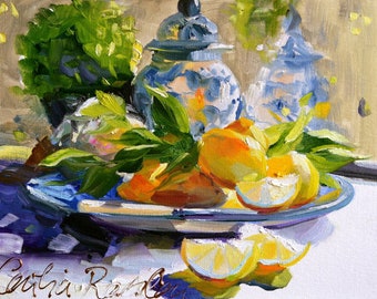 LEMONS AND DELFT  Art Print of Original Oil Painting, Lemons and Delft