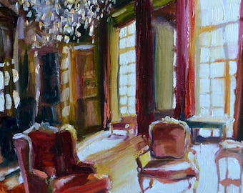 BARON DE RODE art print of an Original Oil painting by Cecilia Rosslee,sitting room. Sunlit room. Provincial room.Red and Gold