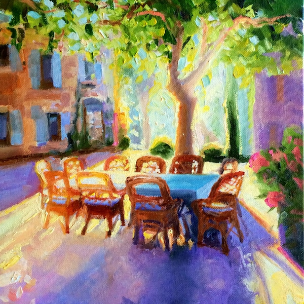 PROVENCE art print of original painting,French outdoor scene, garden patio, yellow and purple