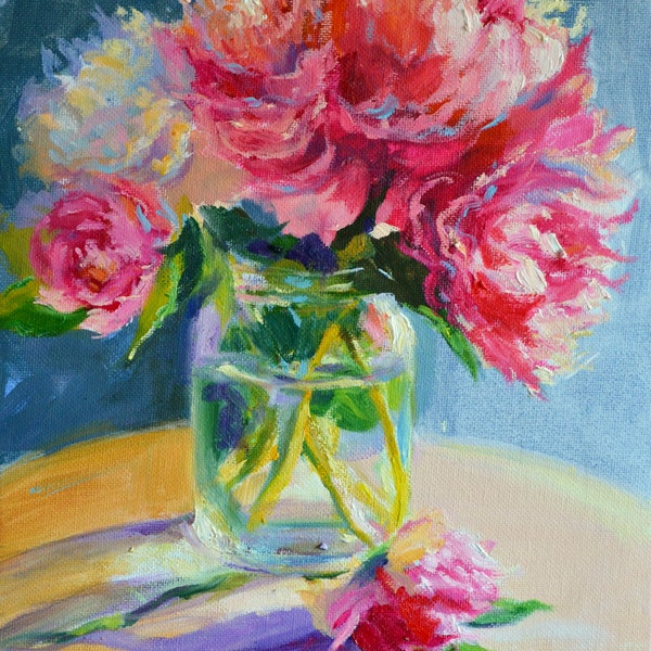 PEONIES FROM LA downloadable Art Print | Pink and Green Still life Painting by Impressionist painter Cecilia Rosslee | Gift for woman