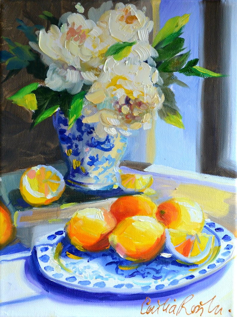 Art Print of ROSES AND LEMONS Still Life Lemons and Delft Yellow and Blue Fruit Decor Kitchen Art image 1