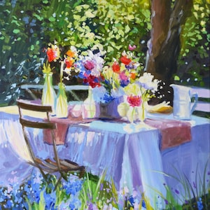 Canvas Print on Ready to hang Art AL FRESCO DINING  |  Original Painting Giclee of French Garden Scene by Cecilia Rosslee