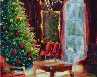Christmas INTERIOR Art Work of Room | ROOI KERSFEES | Painting of  a French interior, sunlight through window | Cecilia Rosslee Artwork