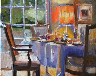 Interior Room Paining of a BREAKFAST TABLE ART Print | Yellow and Purple painting of a dining room by Cecilia Rosslee