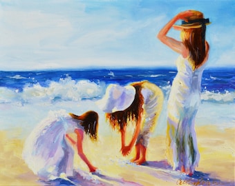 Original Oil Painting | KAMPSBAAISTRAND | Girls on Beach | Impressionist Art | Coastal Decor | Beach House Decoration | Cecilia Rosslee