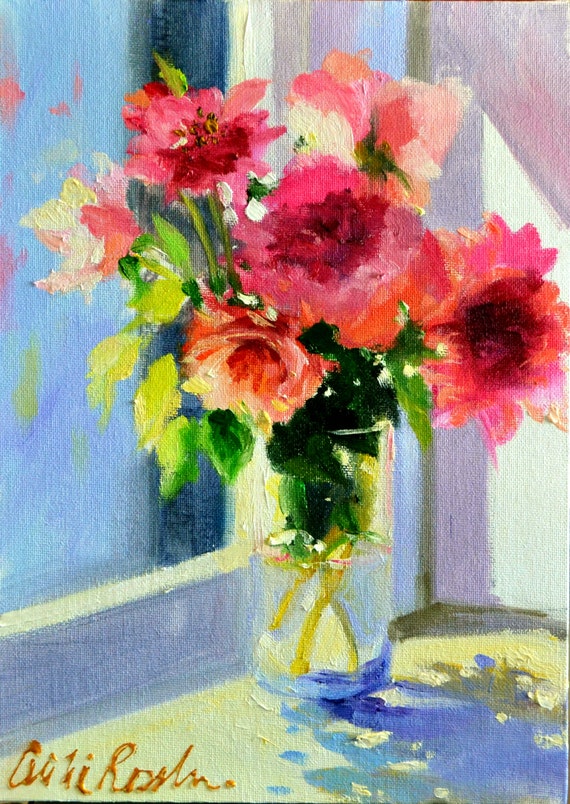Flower Still Life Of Windowsill Roses Red And Green Painting Etsy