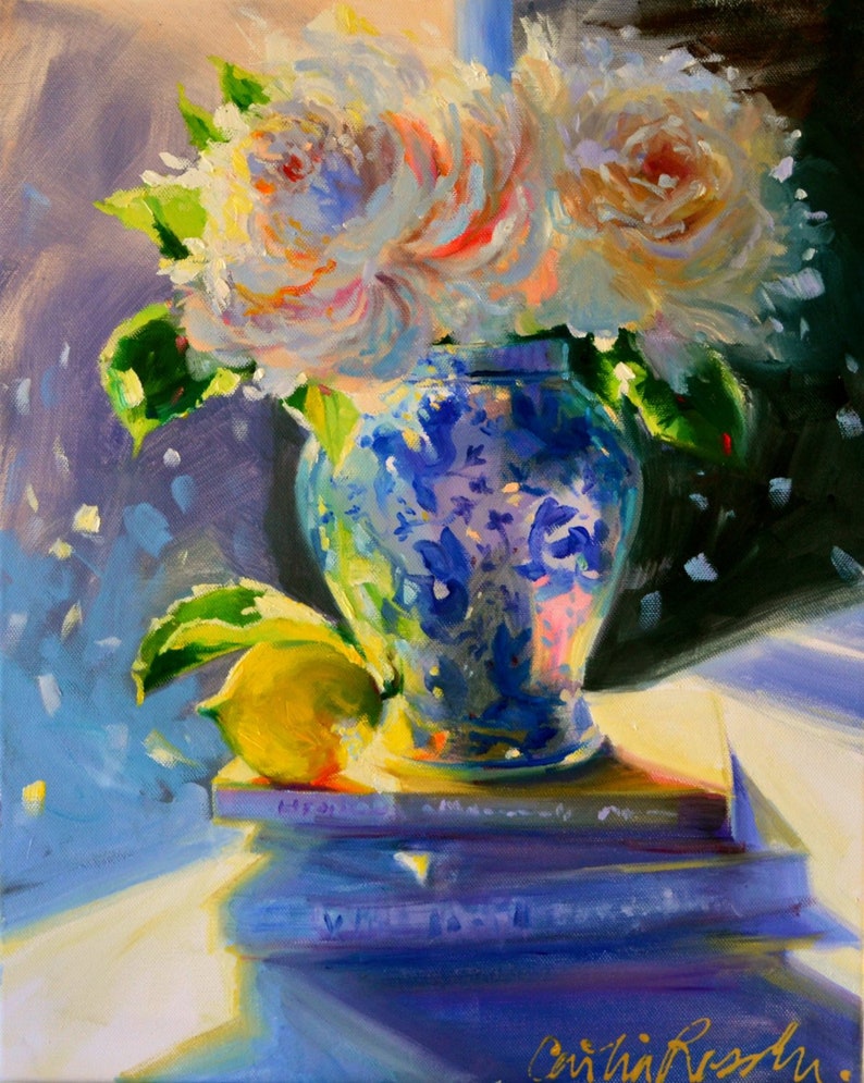 Yellow and Blue INSTANT DOWNLOAD of 'N SUURLEMOEN Iceberg Roses and Delf Porcelain Still life Painting by Cecilia Rosslee Gift for her image 1