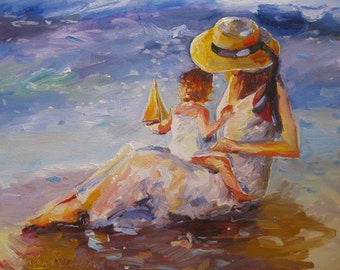 SETTING SAIL Print of Original Oil Painting, mother and baby on beach