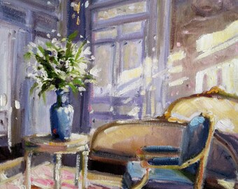 RUSSTOEL IN BLOU Art Print of Original Oil Painting, French sunlit bedroom in blue and cream