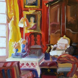 Original painting of interior art print SALON ROUGE | French room in Red and Yellow by Cecilia Rosslee