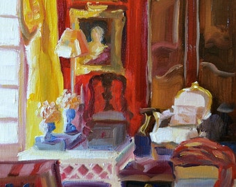 Original painting of interior art print SALON ROUGE | French room in Red and Yellow by Cecilia Rosslee