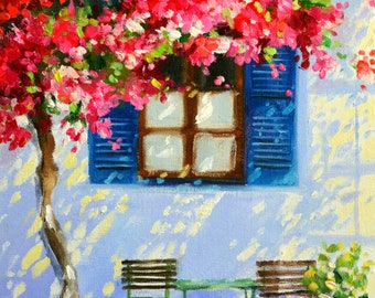 Bougainvillea Painting: Greek Blue Shutters, Mediterranean Art Print